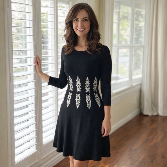 Eliza J Dresses & Skirts - Eliza J Black Fit & Flare Dress 3/4 Sleeve Embellished Waist Knit Small Petite